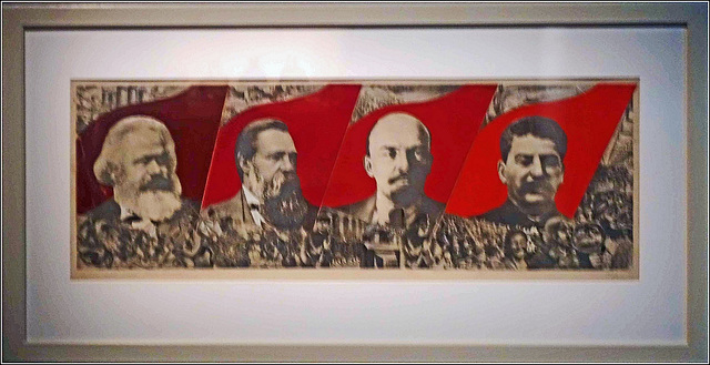 Dressez la bannière de Marx, Engels, Lénine et Staline. Esquisse pour une affiche
