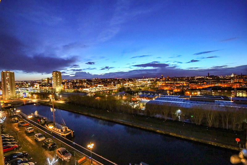 Nightfall over Glasgow, from Speirs Wharf