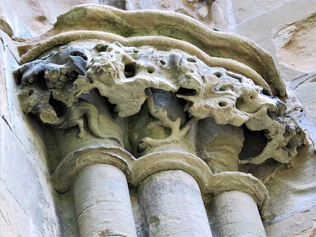 newstead abbey, notts; lizard and foliate capitals on late c13 west front of priory church