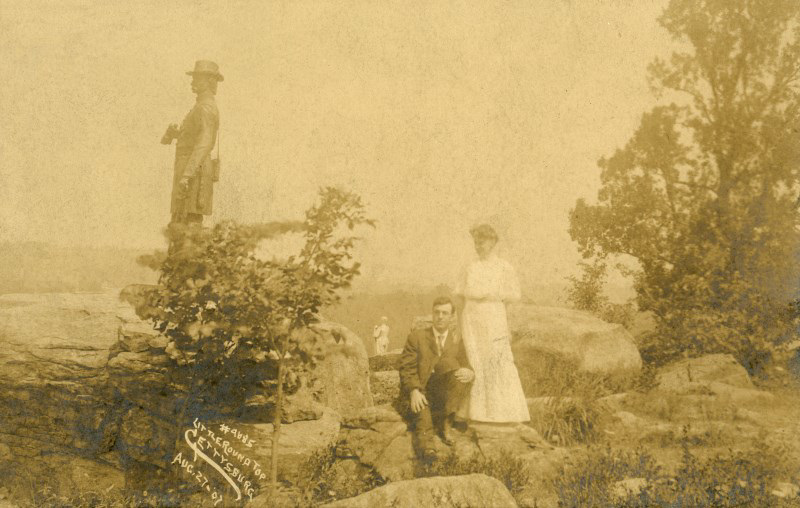 Man and Woman at General Warren Statue, Little Roundtop, Gettysburg, Pa., August 27, 1907