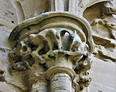 newstead abbey, notts; ape on capital of  late c13 west front of priory church