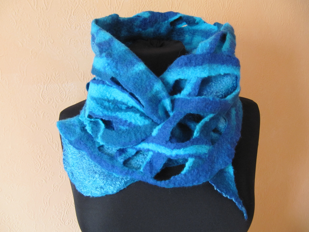 turquoise and blue felted scarf embellished with viscose fibres