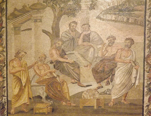 Detail of The Academy of Plato Mosaic from Pompeii in the Naples Archaeological Museum, July 2012