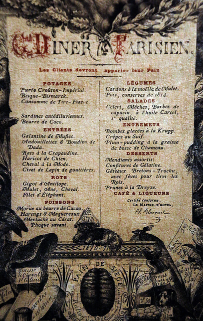 Menu d'un dîner parisien durant le siège de Paris . 1870-71