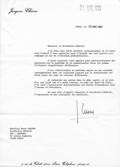 Espéranto : Lettre de Jacques Chirac à Henri Masson, 1981.