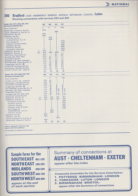 Yorkshire-Luton service 300 timetable from the National Travel (NBC) Limited Coach Guide - Winter 1973/1974