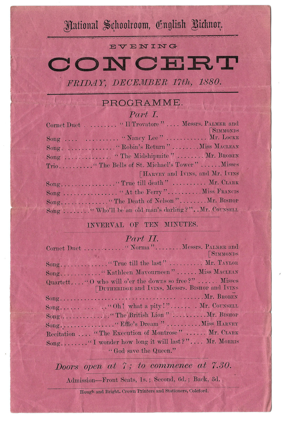 English Bicknor concert programme 17 12 1880 c
