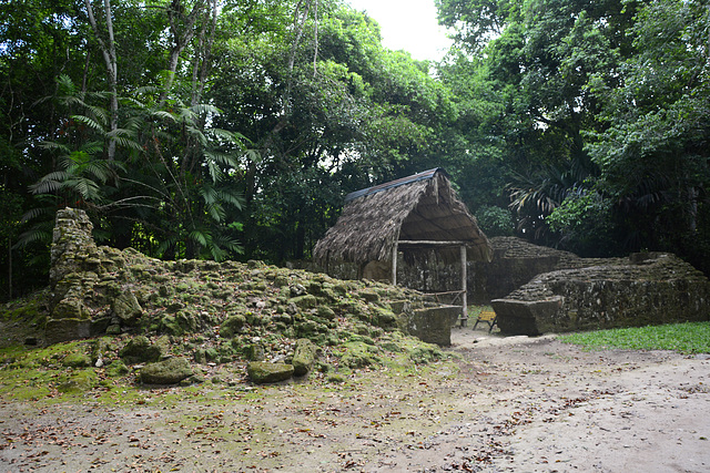 Guatemala, Tikal, Ruins of Mayan Construction and Mayan Artifact under Protective Canopy