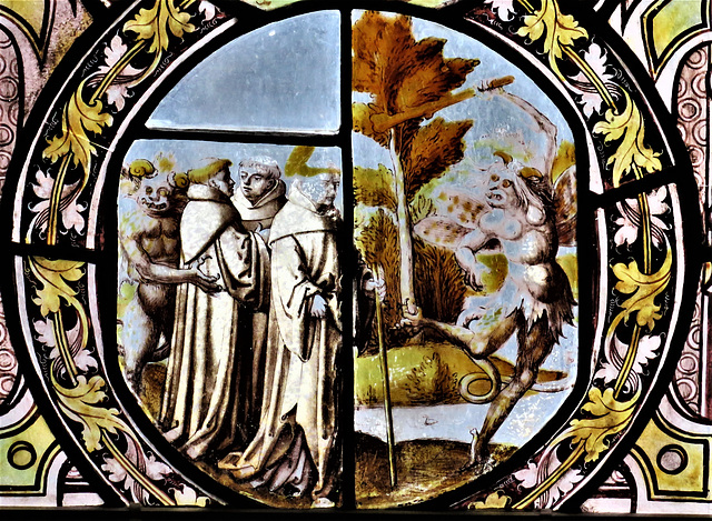 canterbury museum glass   (24) devils and monks, c16 flemish glass