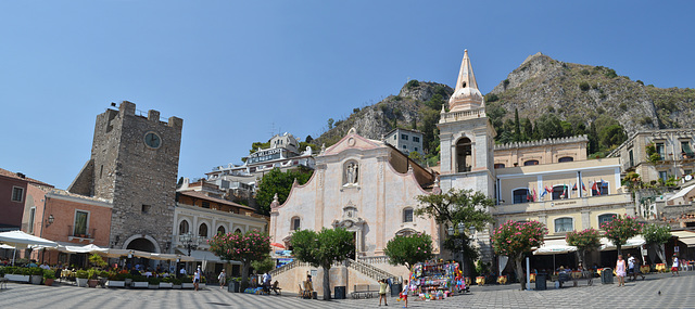 Taormina, Piazza 9 Aprile with Torre Orologio and San Giuseppe Cathedral